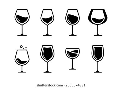 Set Of Vector Icons Of Wineglasses And Glasses Of Different Shapes With Liquid Inside Isolated On White Background