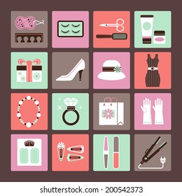 Set of vector icons of woman accesories and clothes