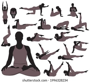 Set of vector icons of woman in costume doing yoga and fitness exercises. Silhouettes of slim girl in different fitness poses. Yoga icons for healthy life concept.