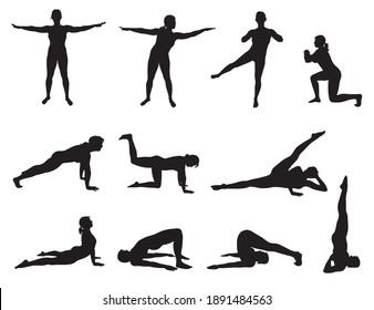 Set of vector icons of woman doing yoga exercises. Silhouettes of flexible girl stretching her body in different yoga poses. Black shapes of woman isolated on white background.