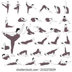 Set of vector icons of woman doing yoga and fitness exercises. Silhouettes of  girl stretching and relaxing her body in different yoga poses. Contours of yoga woman isolated on white background.