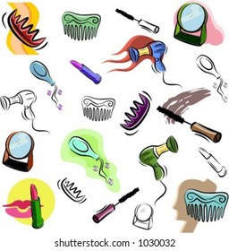 A set of vector icons of woman's toilet and beauty accessories in color, and black and white renderings.