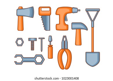 Set of vector icons of working tools - axe, saw, screwdriver, hammer, screw, nut, nail, wrench, pliers, shovel. Simple flat style graphic. Repair Equipment any men should have at home