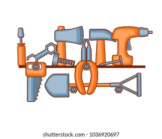 Set of vector icons of working tools - axe, saw, screwdriver, hammer, screw, nut, nail, wrench, pliers, shovel. Simple flat style graphic. Repair Equipment any men should have at home