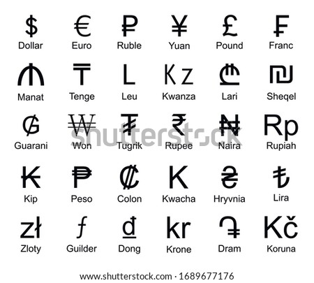 Set of vector icons of world currencies. Currencies of countries. Money. Currency symbols. USD. Dollar. Euro. Yuan. Pound. Franc. Ruble. Manat. Tenge. Leu. Kwanza. Lari. Sheqel. Guarani. Won. Tugrik..