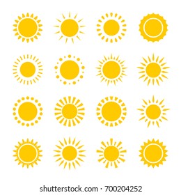 Set of vector icons of yellow sun circles with rays made in simple geometric style. Summer sunny concept. Sun collection with different beams. Flat minimal round solar shapes on white background