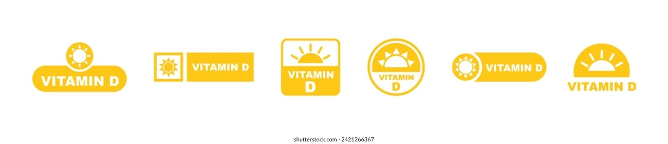 Set of vector icons with yellow vitamin D. Sun and vitamin D.