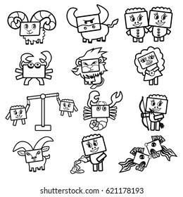 Set of vector icons of the zodiac signs. Cute Cartoon black and white characters with rectangular faces for coloring

