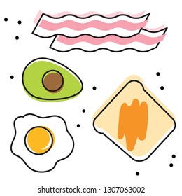 Set of vector icons-Breakfast. Avocado, toast, bacon, egg and black pepper.