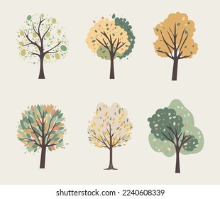 Set of vector illustrated autumn trees, bundle of colorful trees with orange, green, pink, yellow.