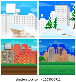 Set of vector illustrated cartoon city scenes, winter and summer.
