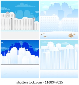Set of vector illustrated cartoon city scenes in winter.