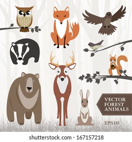 Conjunto de animais florestais ilustrados vetoriais