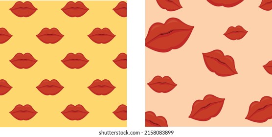 Conjunto de patrones vectoriales ilustrados de labios sin costura. Diferentes tamaños de labios coloridos. Tema de amor, diseño femenino, Día de San Valentín. Variedad de formas labiales sobre un fondo suave para textil, tela, papel pintado 