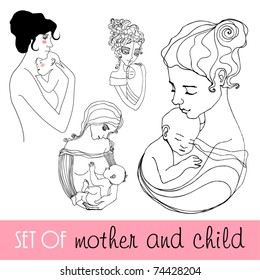 set of vector illustrated mother and child
