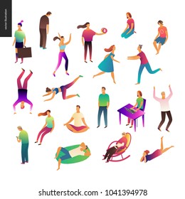 Set of vector illustrated people acting and relaxing