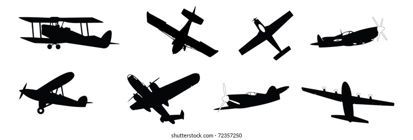 set of vector illustrated propeller powered aircraft