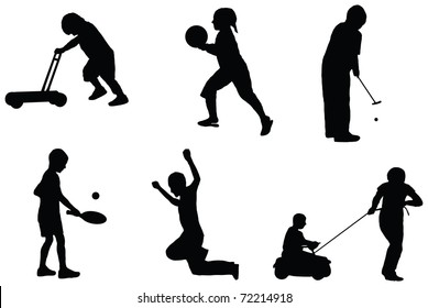 set of vector illustrated silhouettes of children playing with various outdoor toys