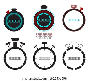 Set of vector illustrated timers, clocks. Time management, sport clock concept. Collection of time alarm clock, simple stopwatch icons for web.