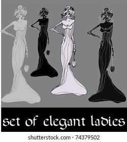 set of vector illustrated women and silhouette