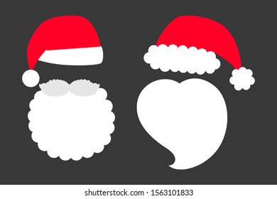 Set of vector illustratiion of Santa Claus red and white hats, moustache and beard. Holiday set of Christmas character symbol for festive decoration