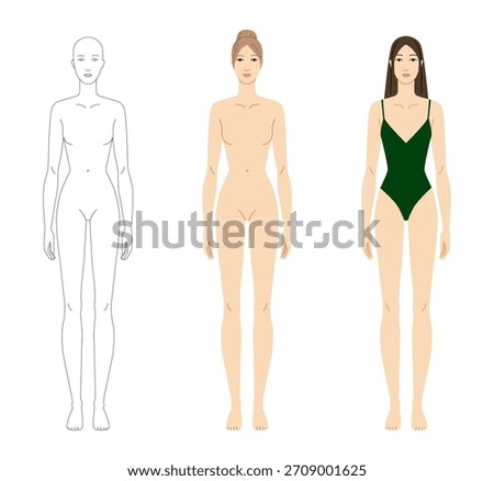 Set of Vector illustration of a 9 head woman in green and without swimsuit, displaying front view. Perfect for fashion sketches, anatomy reference, and style design.