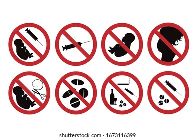 Set of vector illustration of abortion and drugs symbol on white background. Sign of no baby and miscarriage.