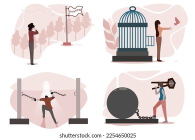 Set of vector illustration about people that loves and salute freedom,people gives freedom,people have will power for freedom,and people that have tool or effort for freedom (layered and editable)