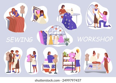 Set of vector illustration about sewing shop, custom sewing, small business. Hand drawn vector illustration.