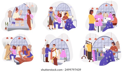 Set of vector illustration about sewing shop, custom sewing, small business. Hand drawn vector illustration.