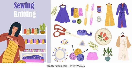 Set of vector illustration about sewing workshop, knitting, custom sewing, custom knitting small business. Hand drawn vector illustration.