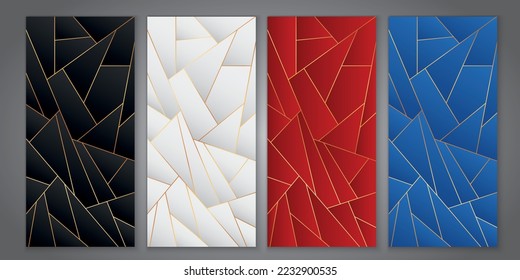 set of vector illustration of abstract backgrounds with gold lines and black, white, red and blue colored geometric shapes