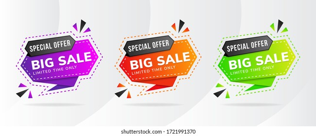 Set of Vector illustration abstract big sale element banner design with combination black and colorful gradient for special offers, sales and discount. the color is purple, orange and green gradient.