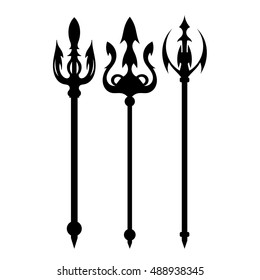 Set vector illustration of abstract black trident on a white background. Isolated objects. Ancient weapon. Mythical war materials.