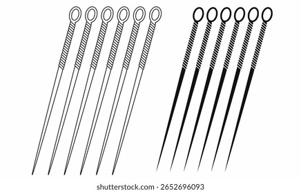 set Vetor ilustração de agulhas de acupuntura em contorno, silhueta e estilos sólidos. Inclui pontas afiadas e alças enroladas. Ideal para conceitos de saúde, bem-estar e terapia.
