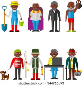Set of vector Illustration of adult man in different situations
Leisure time old man sports, gardener, buyer, the work at the computer