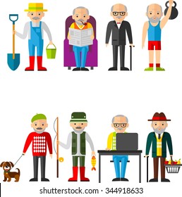 Set of vector Illustration of adult man in different situations
Leisure time old man sports, gardener, buyer, the work at the computer