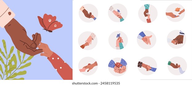 Set of vector illustration of adult man's hand, woman reaching for child's hand, holding child's hand.  International Children's, Mother's Day, Father's Day, Children's Day, Family Day. Arms set.