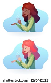 Set of vector illustration of african girl and redhead girl with a cup in modern style. Vector stylized illustration for your creativity.