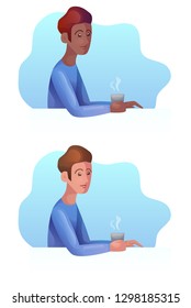 Set of vector illustration of african man and brunette man with a cup in modern style. Objects separated from background. Vector stylized illustration for your creativity.