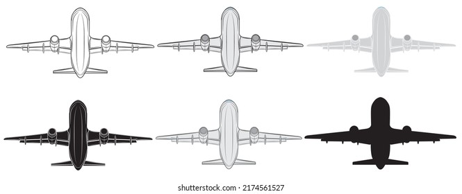 Conjunto de ilustración vectorial de un avión aislado sobre un fondo blanco. Avión de pasajeros. Viajando.
