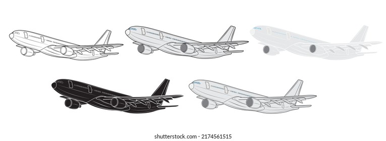 Set of Vector illustration of an airplane in profile in isolate on a white background. Passenger plane. Traveling.