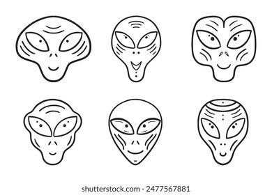 Set of vector illustration of aliens in doodle style isolated on a white background.
