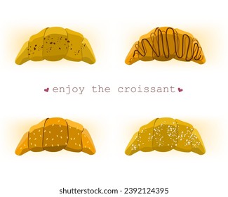 Set Vector illustration appetizing croissants on white background. Flat art style design for web, site, poster, banner, menu, sticker. text Enjoy the croissant with hearts