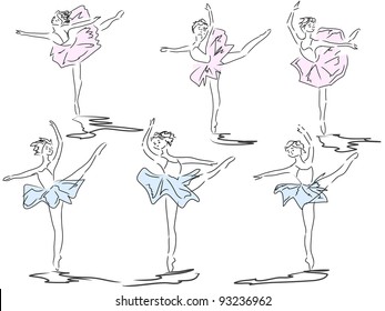 Set of vector illustration artistic drawing ballerinas stance in line style.