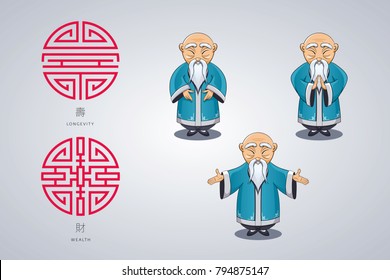 Set of vector illustration Asian old man in national clothes in different poses. Ancient symbol of longevity and wealth. Character stands. Hands placed on sides or folded in welcome gesture.