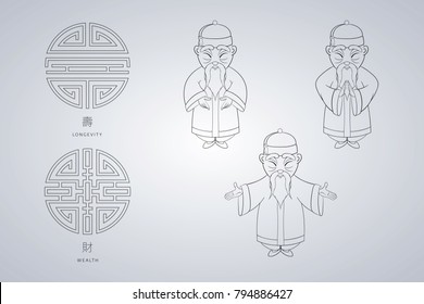 Set of vector illustration Asian old man in national clothes in different poses. Ancient symbol of longevity and wealth. Character stands. Hands are placed on sides or folded in welcome gesture.