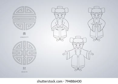 Set of vector illustration Asian old man in national clothes in different poses. Ancient symbol of longevity and wealth. Character stands. Hands are placed on sides or folded in welcome gesture.