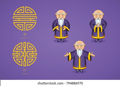 Set of vector illustration Asian old man in national clothes in different poses. Ancient symbol of longevity and wealth. Character stands. Hands are placed on sides or folded in welcome gesture.