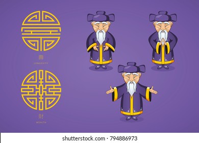 Set of vector illustration Asian old man in national clothes in different poses. Ancient symbol of longevity and wealth. Character stands. Hands are placed on sides or folded in welcome gesture.